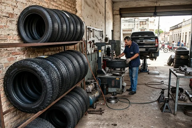 Conjunto de pneus com boa aparência em uma borracharia em Sobral.