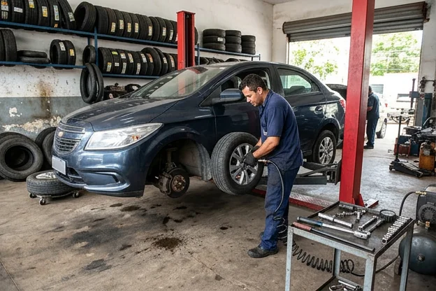Mecânico realizando rodízio de pneus em uma borracharia em Sobral.