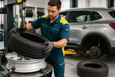 Mecânico trocando pneus de um carro em uma borracharia em Sobral.