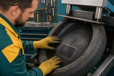 Técnico aplicando vulcanização em um pneu em uma borracharia em Sobral.