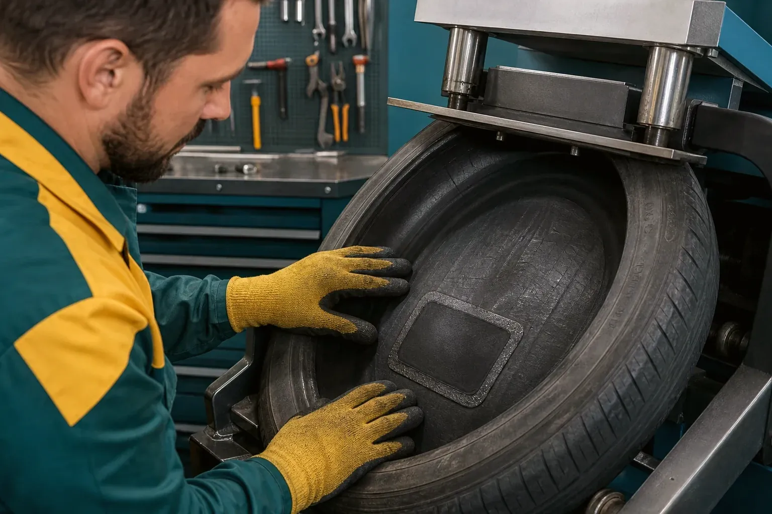 Técnico aplicando vulcanização em um pneu em uma borracharia em Sobral.