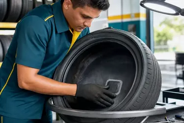 Técnico consertando um pneu em uma borracharia em Sobral.