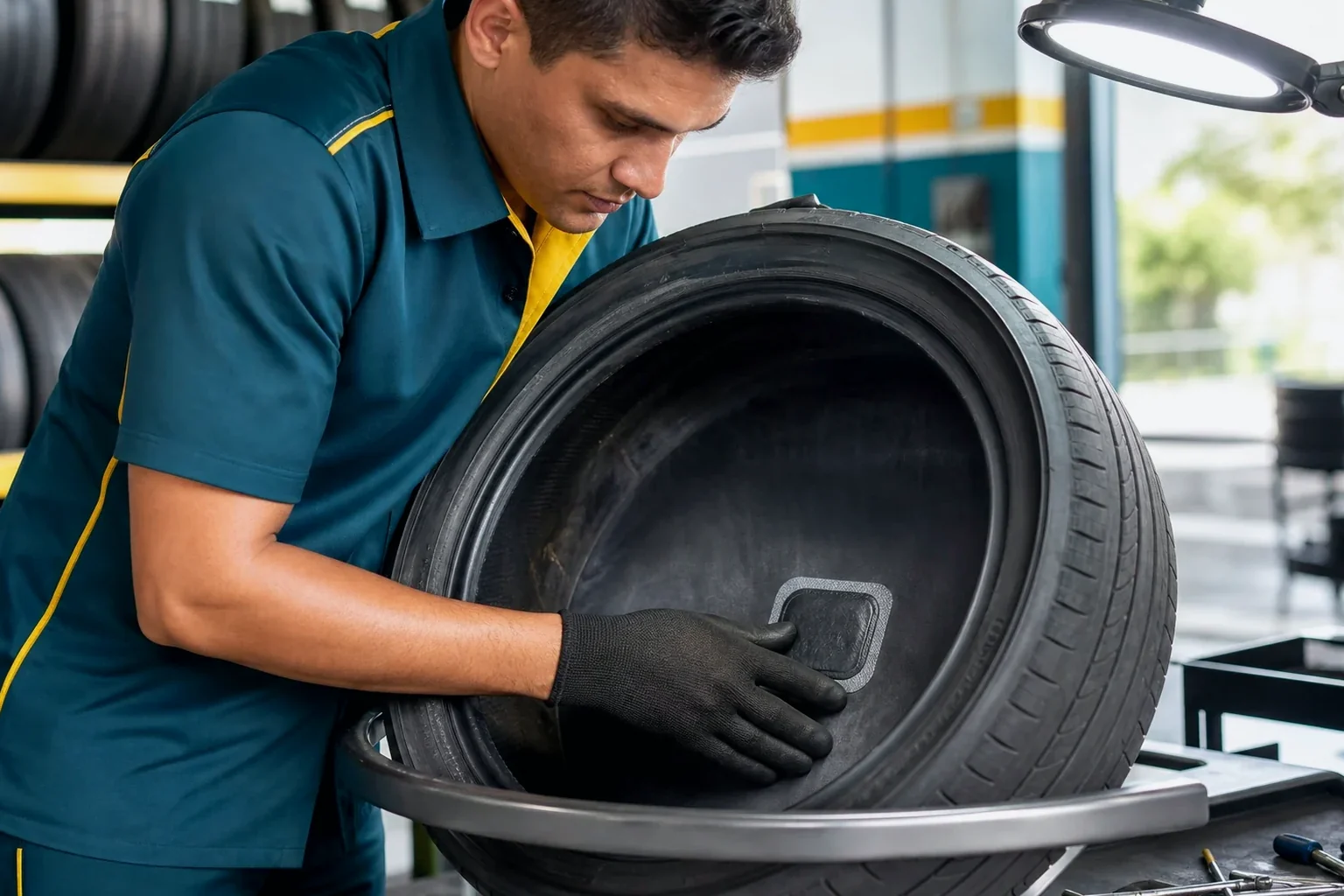 Técnico consertando um pneu em uma borracharia em Sobral.