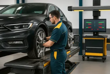 Técnico realizando alinhamento de rodas de um carro em uma borracharia em Sobral.